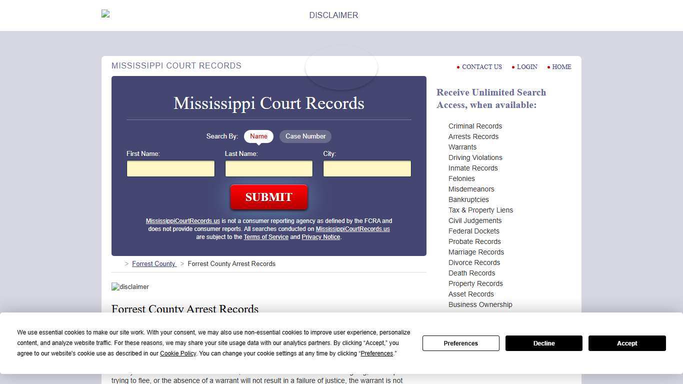 Forrest County Arrest Records MississippiCourtRecords.us