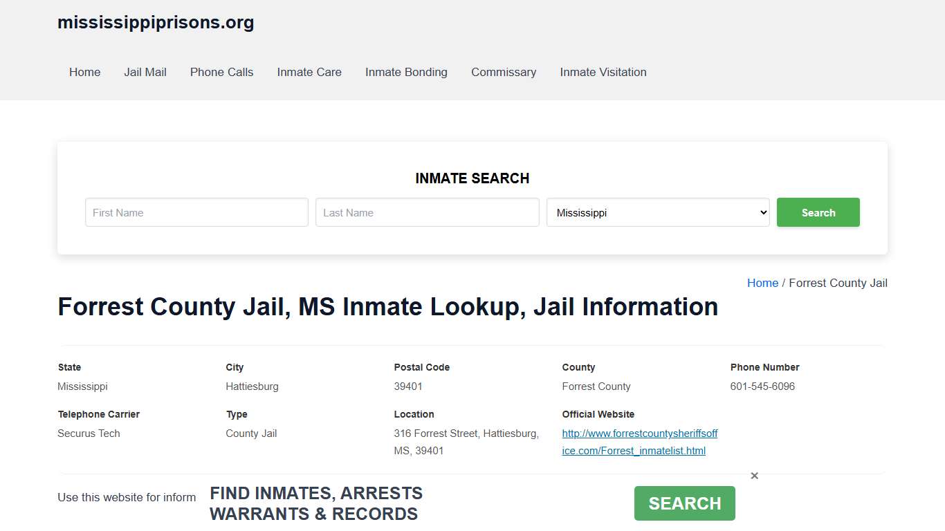 Forrest County Jail, MS - Offender Locator, Contacts, Inmate Info